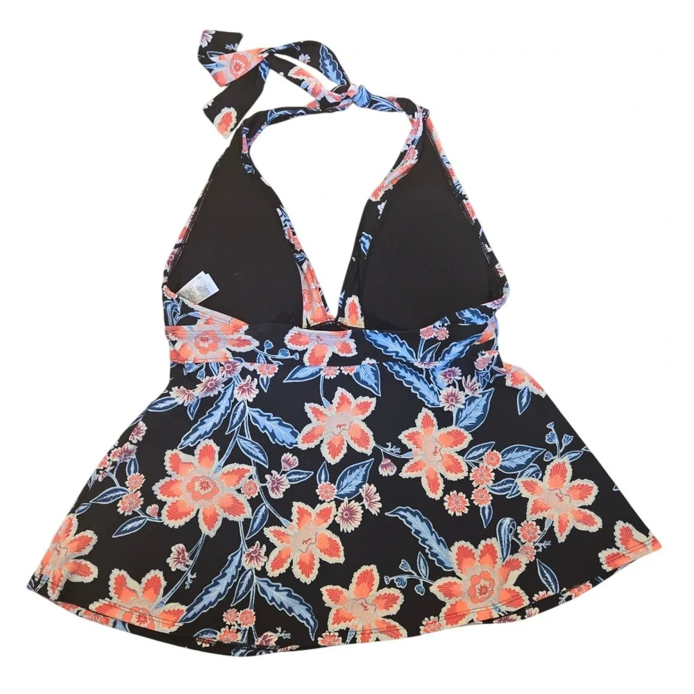 Old Navy Tankini Swim Top Halter Black Coral Floral Tropical Beach V-Neck Medium
